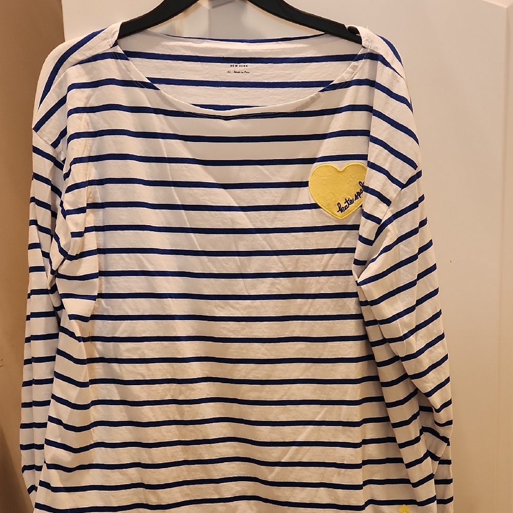 Kate Spade Navy and White Striped Long Sleeve Top with Yellow Heart